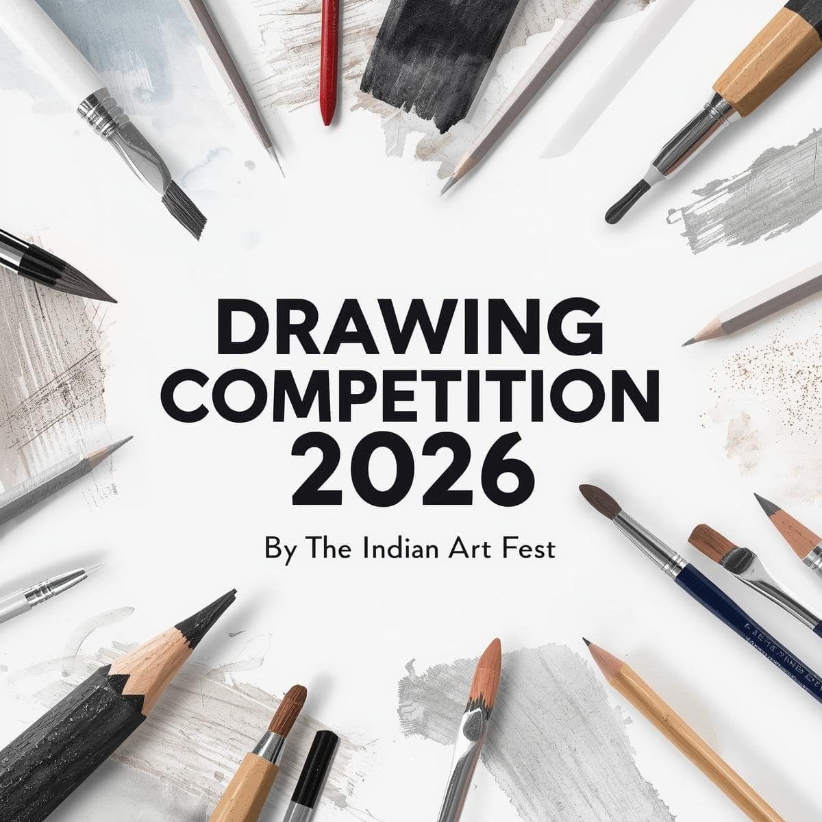 Drawing Competition 2026 poster by The Indian Art Fest with pencils, brushes and artistic tools on a white background