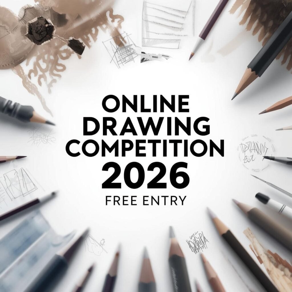 Online drawing competition 2026 free entry poster with art tools and creative design